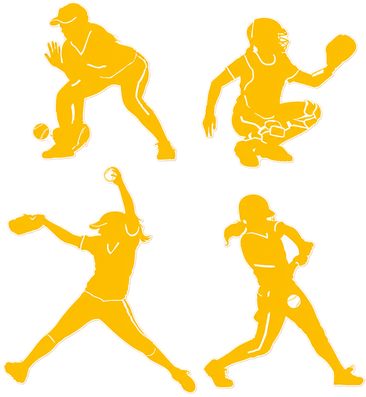 Four girls fastpitch softball player silhouettes in gold